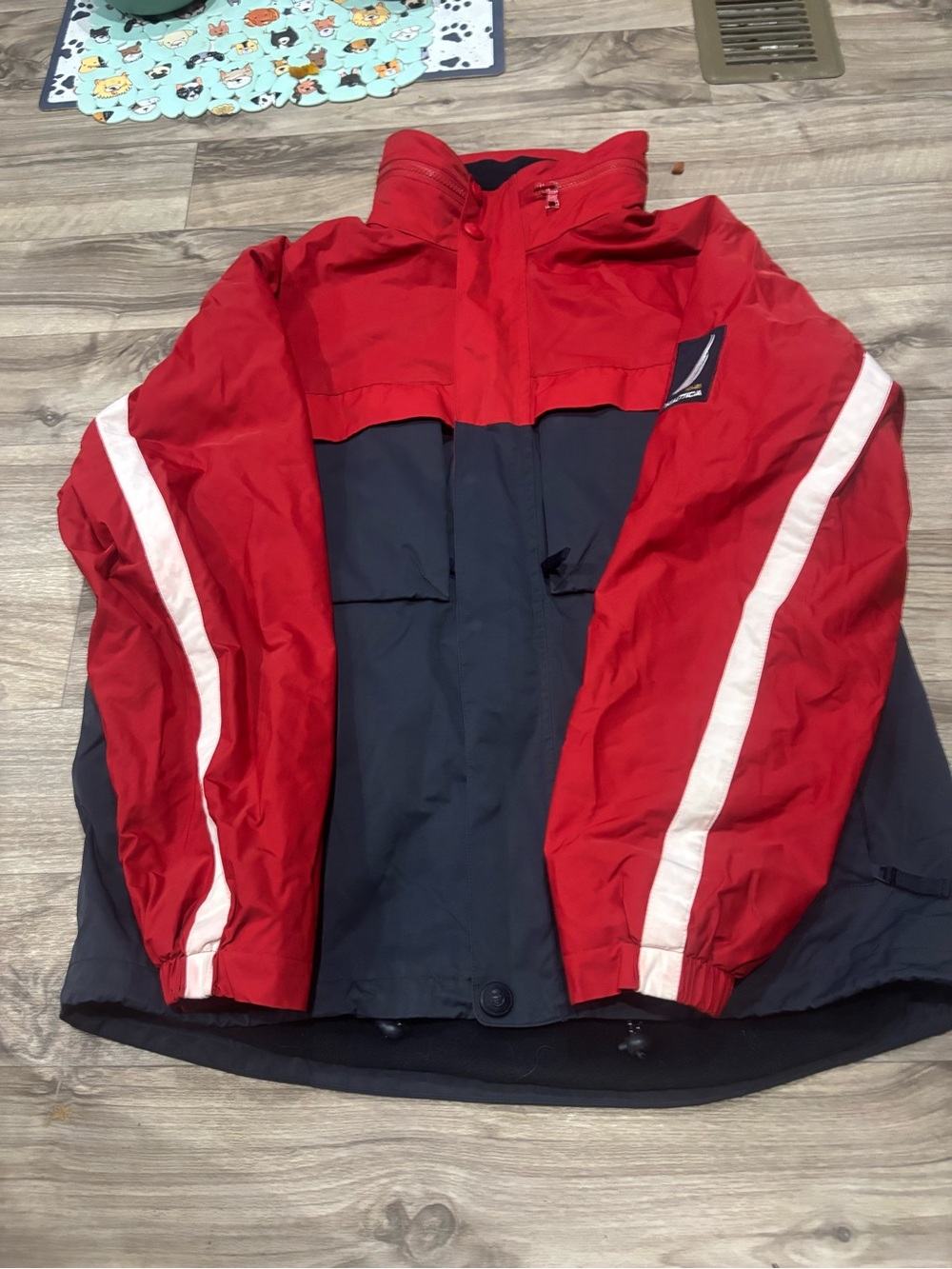 Nautica Red, Navy & White Colorblock Rain Jacket with Sleeve Stripe